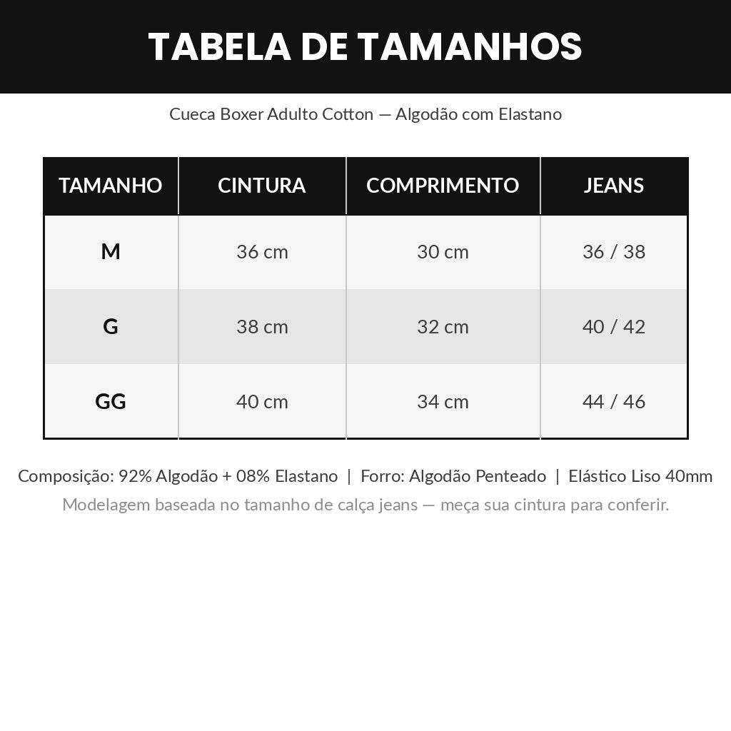 Tabela de tamanhos - Cueca Boxer Adulto Cotton M G GG